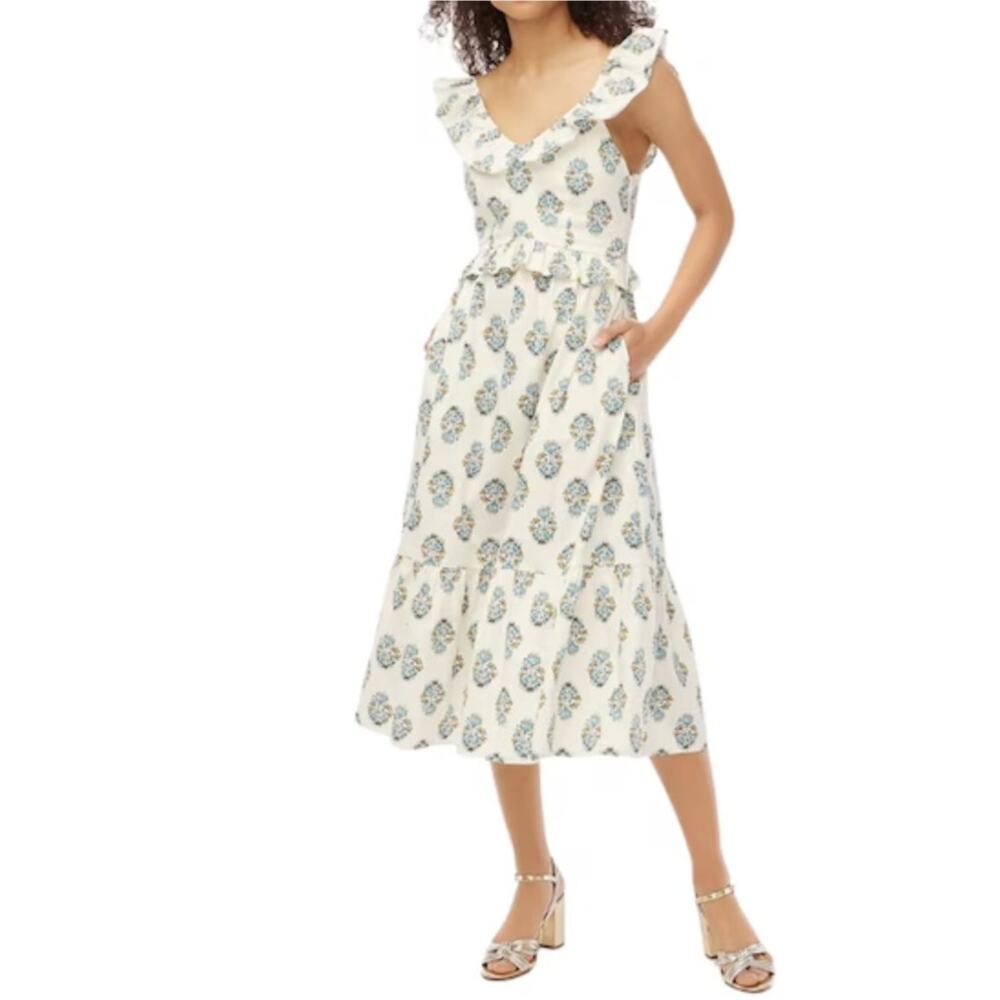 J Crew V Neck Ruffle Midi Dress Womens 6 Floral Feminine Boho Western Resortcore